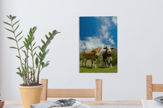 Vaches alpines sous un ciel bleu avec nuages toile 20x30 cm - petit - Tirage photo sur toile (Décoration murale salon / chambre) / Animaux de la ferme Peintures sur toile
