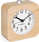 Réveil analogique en bois Navaris - Carré - Horloge de table rétro avec alarme, fonction snooze et rétroéclairage - Marron clair avec cadran blanc