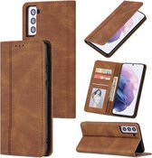 Voor Samsung Galaxy S21 5G Huid Voelen Druk Lijn Magnetische Horizontale Flip Lederen Case met Houder & Kaartsleuf & Portemonnee & Fotolijst (Bruin)