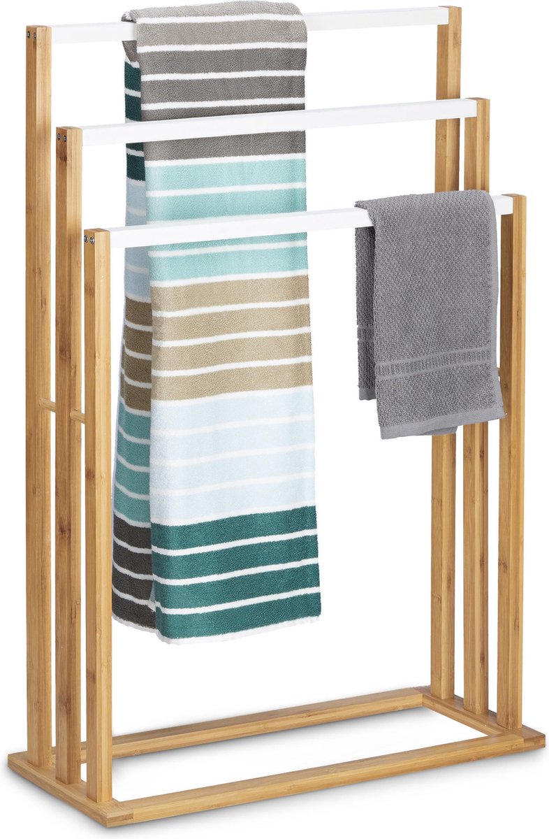 Relaxdays handdoekrek bamboe - 3 stangen - handdoekhouder badkamer - handdoekstandaard