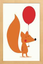 JUNIQE - Poster met houten lijst Fox with a Red Balloon -13x18 /Oranje