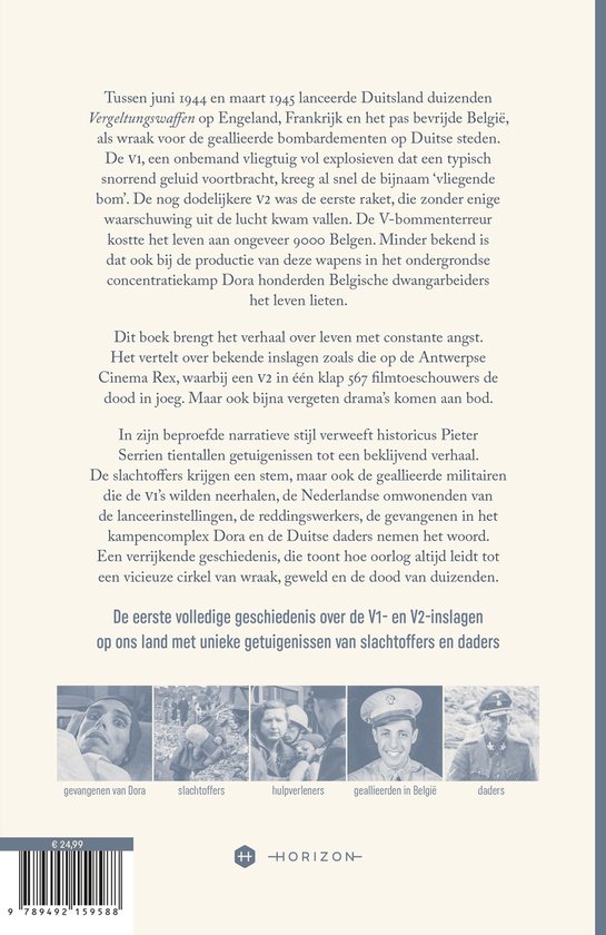 Boekomslag met tekst en vier zwart-witfoto's van geallieerden en slachtoffers.