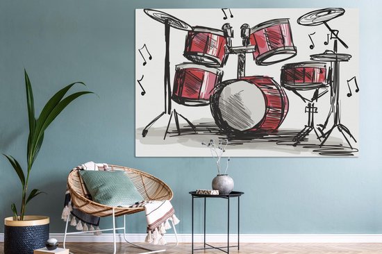 Canvas schilderij 180x120 cm - Wanddecoratie Illustratie van een tekening van een drumstel - Muurdecoratie woonkamer - Slaapkamer decoratie - Kamer accessoires - Schilderijen op canvas