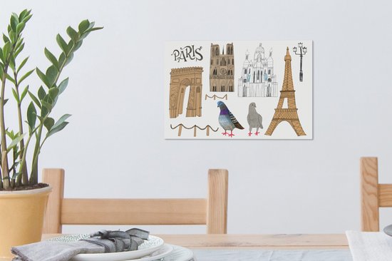 Canvas Schilderij Parijs - Tekening - Duiven - 30x20 cm - Wanddecoratie
