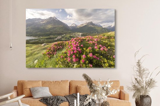 Prairie fleurie aux rhododendrons entre les montagnes 180x120 cm - Tirage photo sur toile (Décoration murale salon / chambre) XXL / Groot format!
