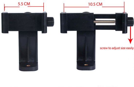 Zwarte telefoonhouder in twee posities, met afmetingen 5,5 cm en 10,5 cm.