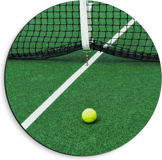 Dibond Wandcirkel - Tennisbal bij het Net - 40x40cm Foto op Aluminium Wandcirkel (met ophangsysteem)