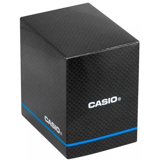 Zwarte Casio-horlogedoos met koolstofvezelmotief en een blauwe streep onderaan.