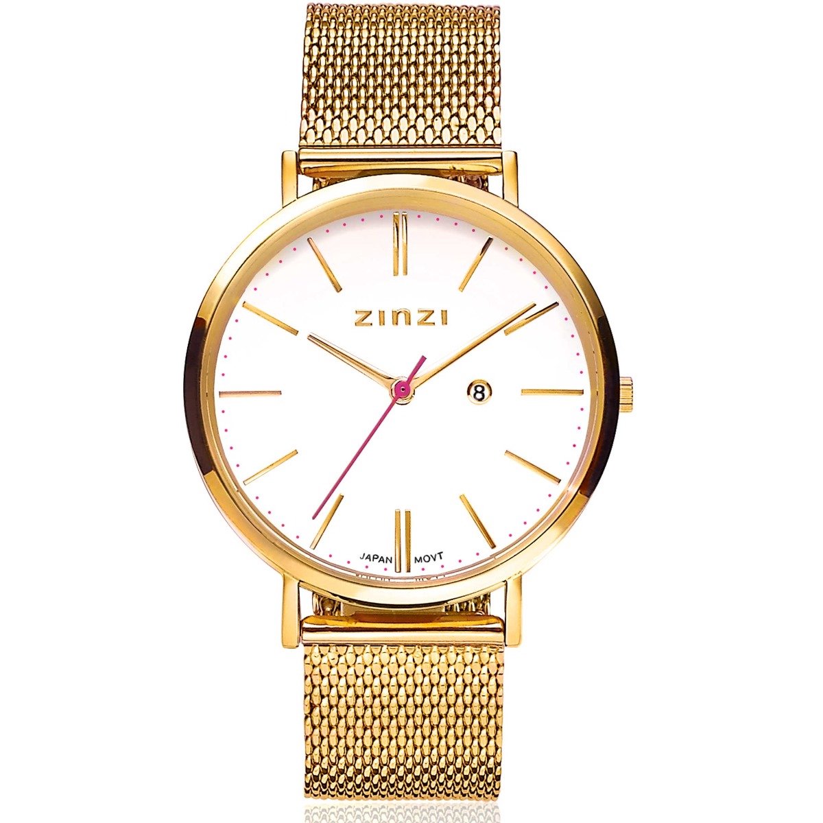 ZINZI Retro horloge witte wijzerplaat en geelgoudkleurige stalen kast stalen mesh band geelgoudkleurig 38mm extra dun ZIW407M