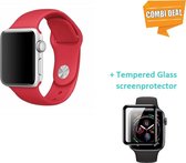 Band geschikt voor Apple Watch - silicone band - rood + glazen screen protector - Maat: 44mm - M/L