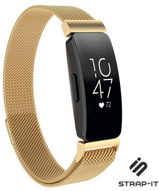 Goudkleurig Milanese Fitbit Inspire bandje met een ingesneden sluiting en bandbevestiging.
