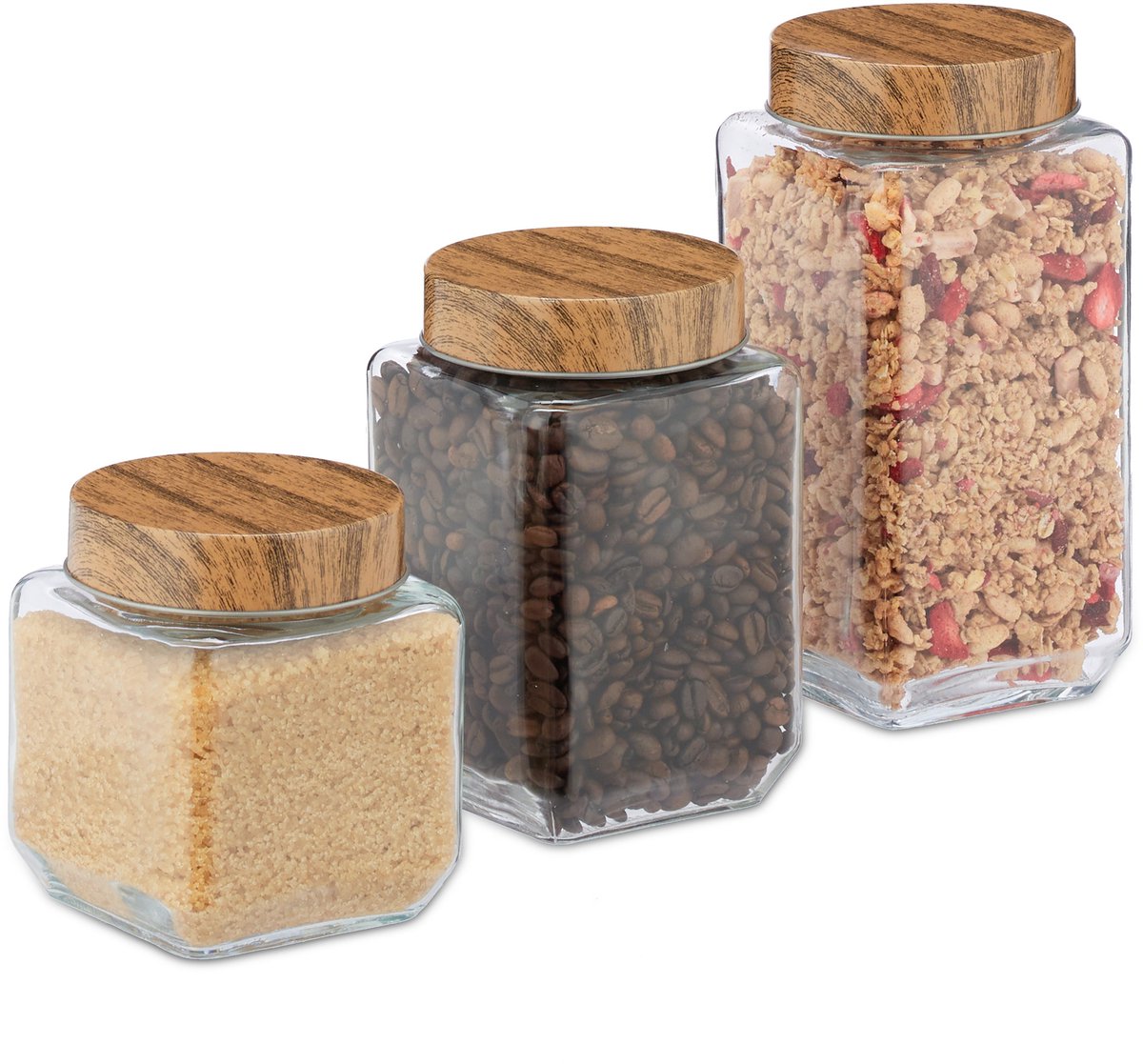 voorraadpotten set van 3 - 500 ml - 750 ml - 1000 ml - schroefdeksel metaal - doorzichtig
