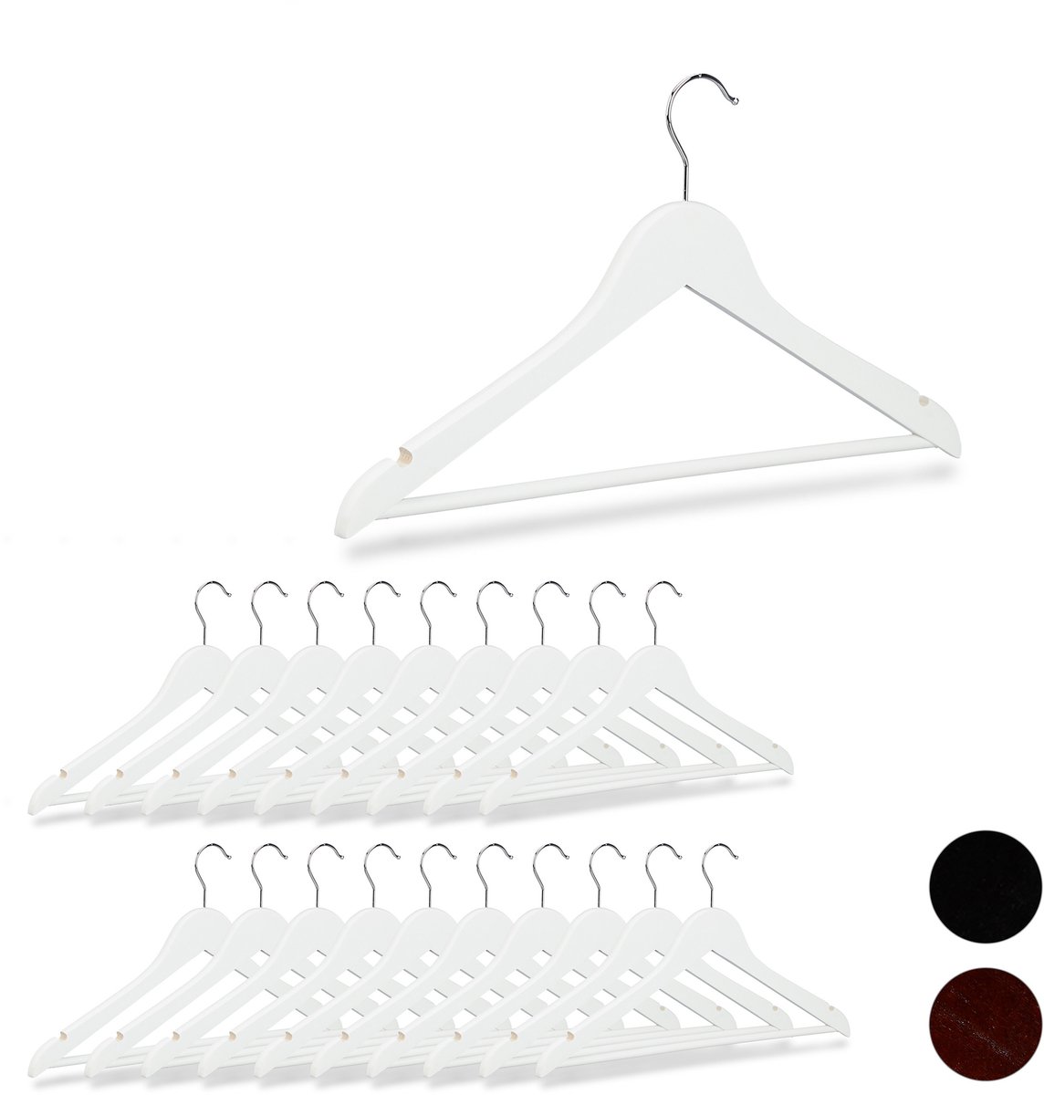 20x kledinghangers hout - broeklat - kleerhangers - wit - draaibare haken
