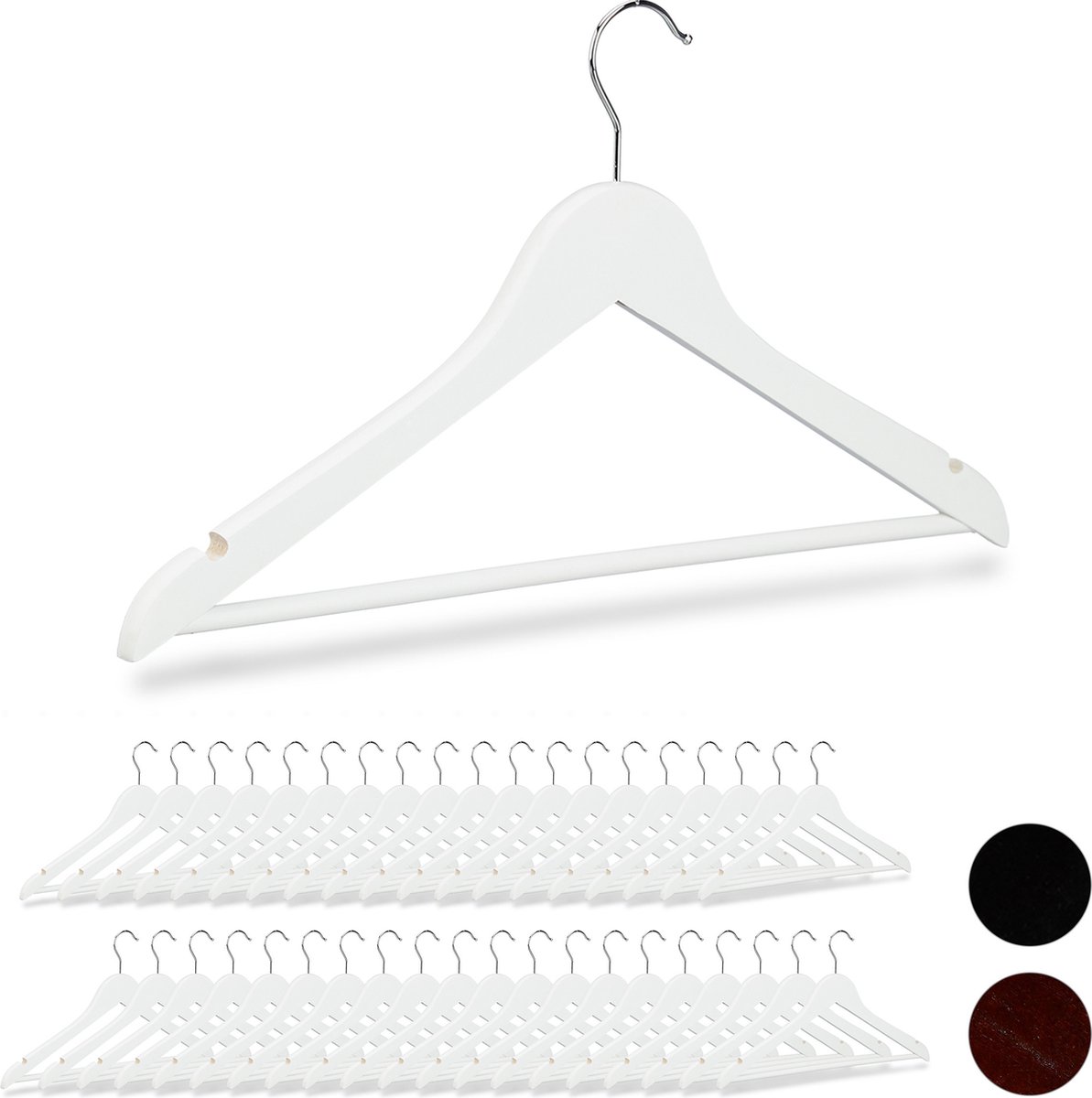 40x kledinghangers hout - broeklat - kleerhangers - wit - draaibare haken