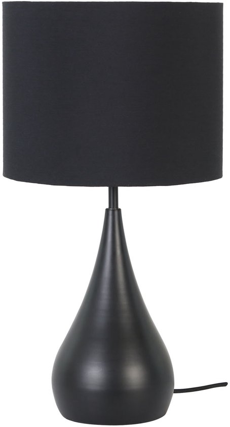 Lampe de table moderne noire avec base en forme de goutte et abat-jour rond en tissu.