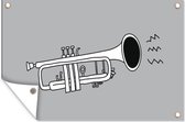 Tuinposter - Tuindoek - Tuinposters buiten - Zwart-wit illustratie van een trompet op een grijze achtergrond - 120x80 cm - Tuin