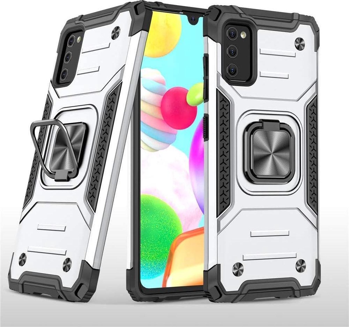 Hoesje Geschikt Voor Samsung Galaxy A41 Hoesje - Heavy Duty Armor hoesje Zliver - Galaxy A41 silicone TPU 360-Degree hybride hoesje Kickstand ringhouder met Magnetisch Auto Mount