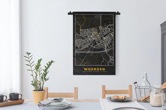 Wandkleed - Wanddoek - Plattegrond - Woerden - Goud - Zwart - 60x90 cm - Wandtapijt - Stadskaart