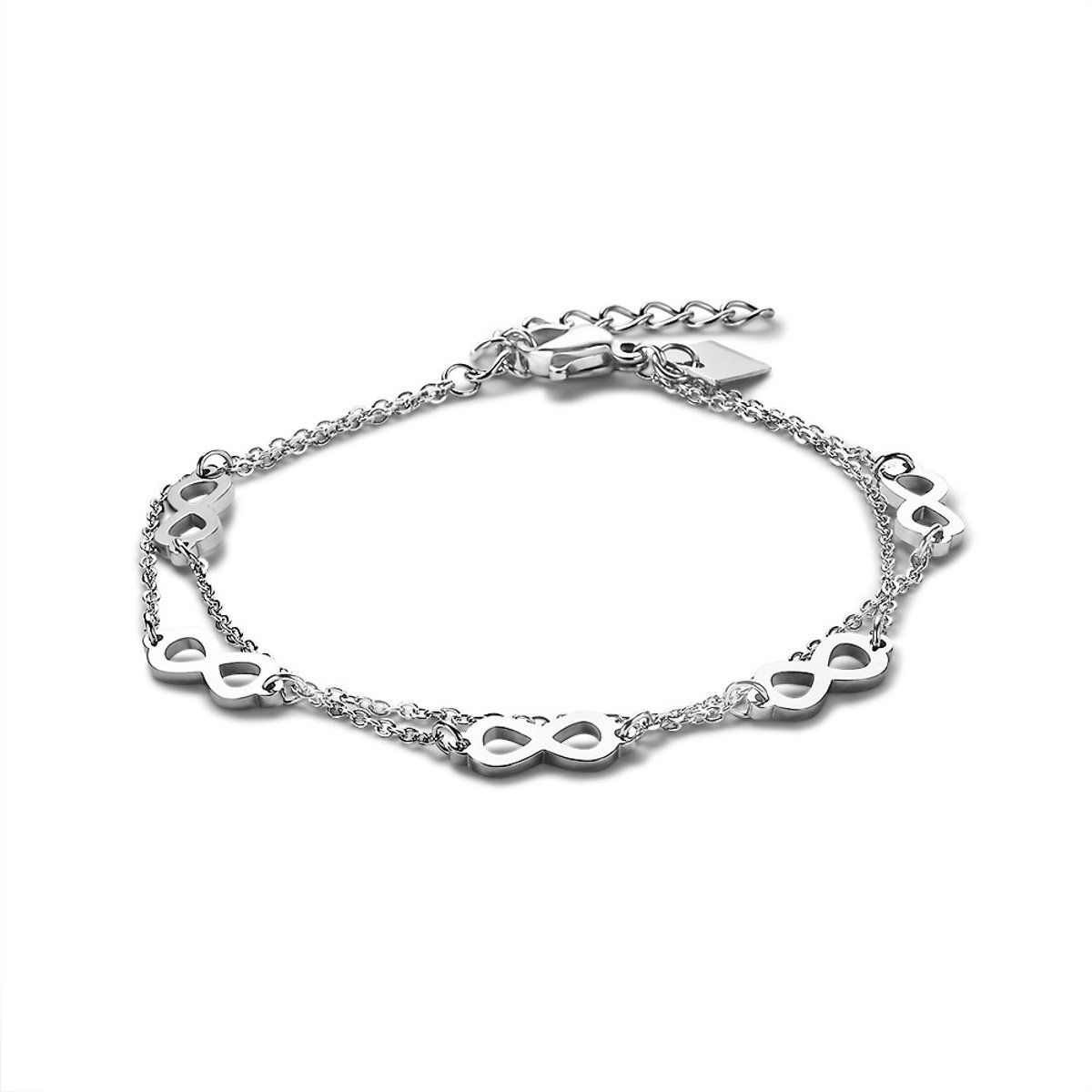 Twice As Nice Armband in edelstaal, dubbele ketting met 5 infinities 16cm+3cm