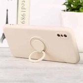 Voor iPhone X / XS effen kleur vloeibare siliconen schokbestendige volledige dekking beschermhoes met ringhouder (beige)