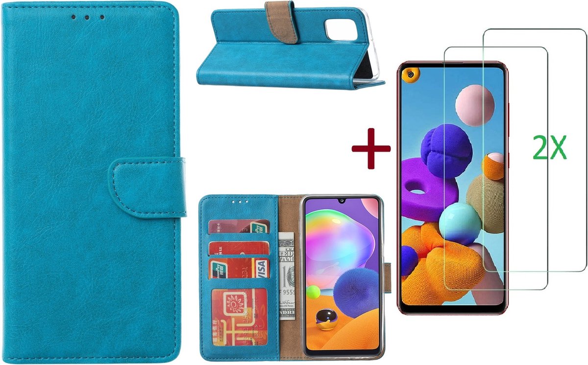 Hoesje Geschikt Voor Samsung Galaxy A21S Hoesje Blauw / 2X glas Screenprotector