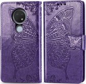 Voor Nokia 6.2 / 7.2 Butterfly Love Flower Reliëf Horizontale Flip Leather Case met Bracket Lanyard Card Slot Wallet (Dark Purple)