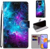 Voor Huawei Y9a Gekleurde Tekening Cross Textuur Horizontale Flip PU Lederen Case met Houder & Kaartsleuven & Portemonnee & Lanyard (Paars Groen Sterrenhemel)