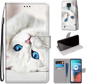 Voor Motorola Moto E7 Gekleurde Tekening Cross Textuur Horizontale Flip PU Lederen Case met Houder & Kaartsleuven & Portemonnee & Lanyard (Wit Kitten)