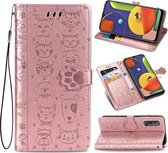 Voor Galaxy A70 / A70S Leuke Kat en Hond Reliëf Horizontale Flip Leren Case met Beugel / Kaartsleuf / Portemonnee / Lanyard (Rose Goud)