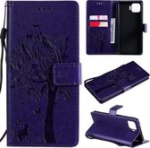 Voor OPPO F17 Pro / Reno4 Lite Tree & Cat Pattern Pressed Printing Horizontale Flip PU lederen tas met houder & kaartsleuven & portemonnee & lanyard (paars)