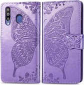 Butterfly Love Flowers Embossing Horizontale Flip Leather Case voor Galaxy M30 met houder & kaartsleuven & portemonnee & lanyard (lichtpaars)