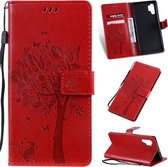 Tree & Cat Pattern Pressed Printing Horizontale Flip PU lederen tas met houder & kaartsleuven & portemonnee & lanyard voor Galaxy Note 10+ / 10 Pro (rood)