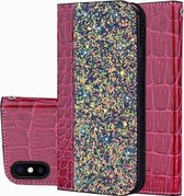 Krokodiltextuur Glitterpoeder Horizontale leren flip-hoes voor iPhone X / XS, met kaartsleuven en houder (wijnrood)