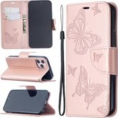 Voor iPhone 12 Pro Max Embossing Two Butterflies Pattern Horizontale Flip PU Leather Case met houder & kaartsleuf & portemonnee & lanyard (Rose Gold)