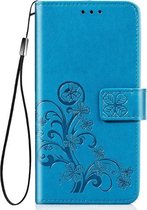 Voor Huawei Honor 9A vierbladige gesp reliëf gesp mobiele telefoon bescherming lederen tas met lanyard & kaartsleuf & portemonnee & beugel functie (blauw)