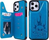 Skull Head Embossing Pattern Schokbestendige beschermhoes met houder & kaartsleuven & portemonnee voor iPhone 12 Pro Max (blauw)