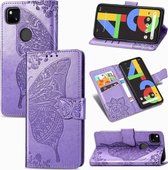 Voor Google Pixel 4A Vlinder Liefde Bloem Reliëf Horizontale Flip Leren Case met Beugel / Kaartsleuf / Portemonnee / Lanyard (Lichtpaars)