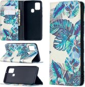 Voor Samsung Galaxy A21s gekleurde tekening patroon onzichtbare magnetische horizontale flip PU lederen tas met houder & kaartsleuven & portemonnee (blauw blad)