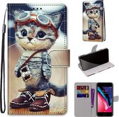 Gekleurde tekening Cross Texture Horizontale Flip PU lederen tas met houder & kaartsleuven & portemonnee & lanyard voor iPhone SE 2020/8/7 (lederen schoenen kat)
