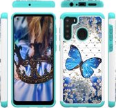 Voor Samsung Galaxy A21 (Amerikaanse versie) Gekleurd tekenpatroon met Diamond PC + TPU beschermhoes (blauwe vlinder)