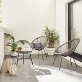 Set van 2 ei-vormige stoelen ACAPULCO met bijzettafel - Taupe - Stoelen 4 poten design retro, met lage tafel, plastic koorden
