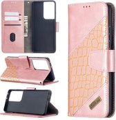 Voor Samsung Galaxy S21 Ultra 5G Bijpassende Kleur Krokodil Textuur Horizontale Flip PU Lederen Case met Portemonnee & Houder & Kaartsleuven (Rose Goud)