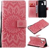 Voor Samsung Galaxy A21 (Amerikaanse versie) Geperst afdrukken Zonnebloempatroon Horizontale flip PU lederen tas met houder & kaartsleuven & portemonnee & lanyard (roze)