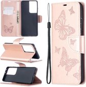 Voor Samsung Galaxy S21 Ultra 5G Embossing Two Butterflies Pattern Horizontale Flip PU Leather Case met houder & Card Slot & Wallet & Lanyard (Rose Gold)