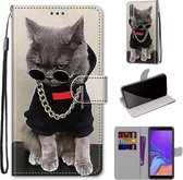 Voor Samsung Galaxy A7 2018 Gekleurde Tekening Cross Textuur Horizontale Flip PU Lederen Case met Houder & Kaartsleuven & Portemonnee & Lanyard (Gouden Ketting Grijze Kat)