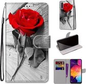 Voor Samsung Galaxy A50 Gekleurde Tekening Cross Textuur Horizontale Flip PU Lederen Case met Houder & Kaartsleuven & Portemonnee & Lanyard (Rode Roos Op Houten)