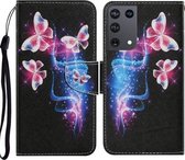 Voor Samsung Galaxy S21 Ultra 5G Gekleurd tekeningpatroon Horizontaal Flip PU-lederen hoes met houder & kaartsleuven & portemonnee & lanyard (drie fluorescerende vlinders)
