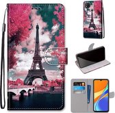 Voor Geschikt voor Xiaomi Redmi 9C Gekleurde Tekening Cross Textuur Horizontale Flip PU Lederen Case met Houder & Kaartsleuven & Portemonnee & Lanyard (Roze Bloem Tower Bridge)