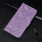 Voor Xiaomi Redmi Note 8 Pro Lace Flower Embossing Pattern Horizontale Flip Leather Case, met houder & kaartsleuven & portemonnee & fotolijst & Lanyard (paars)