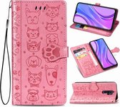 Voor Xiaomi Redmi 9 Mooie Kat en Hond Embossing Patroon Horizontale Flip Leren Hoes met Houder & Kaartsleuven & Portemonnee & Cartoon Sluiting & Lanyard (Roze)